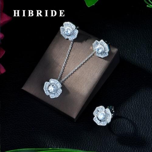 HIBRIDE Luxury Cubic Zirconia Necklace Bracelet Earring and Ring 4pcs Dubai Full Jewelry Set for Women,Bridal Dress Dinner N-222