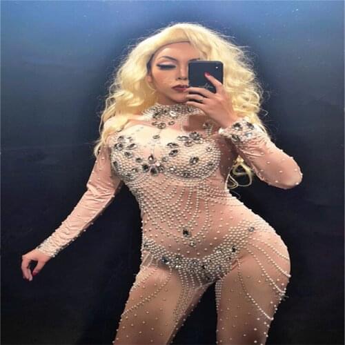 S74 Ballroom dance costumes Rhinestone jumpsuit Elasticity bodysuit women stage show wears dress singer disco clothe party outf