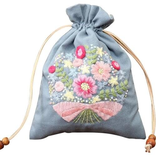 Cotton Linen Pouch Bag Embroidery Kit, Laundry Bag, Nursery Decor, Toy Storage Bag, Bread Bag, Embroidery Gift, 22 x 17 cm (C)