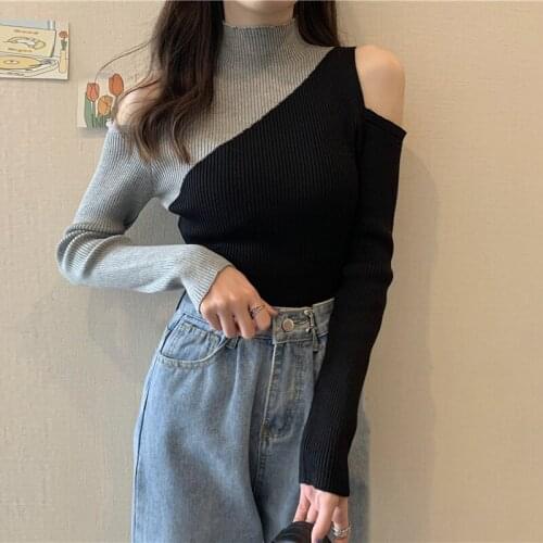 Korean Style Knitted Stitching Long Sleeved Half Turtleneck Top Sexy Off Shoulder Contrast Color Sweater Women