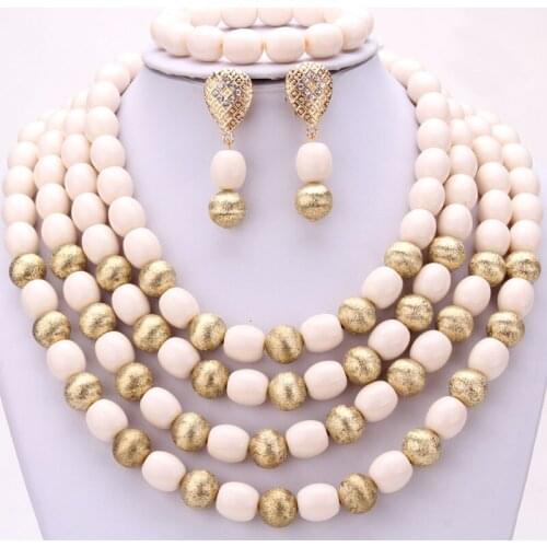 Dudo Store Artificial Coral Beads Jewelry Set Nigerian Beads Wedding Jewelry 4 Layers Bracelet Earrings Necklace Set