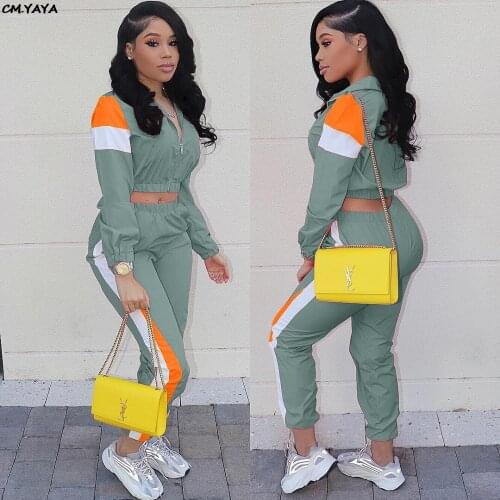 2019 women colorful patchwork zipper up jackets pencil pants suits sporty two piece tracksuit outfit casual 3 color S-3XL LD8274