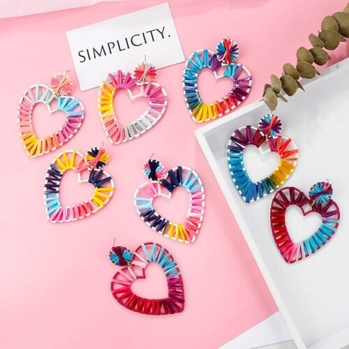 AENSOA Multicolor Raffia Drop Earrings For Women Bohemia Ethnic Handmade Geometric Statement Earrings Summer Jewelry Gift