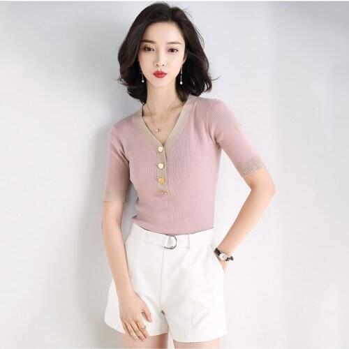 Women’s Sweaters and Pullovers V Neck Short Sleeve Button Thin Slim Knitted Sweater Blouse Pull Femme Women Summer Top