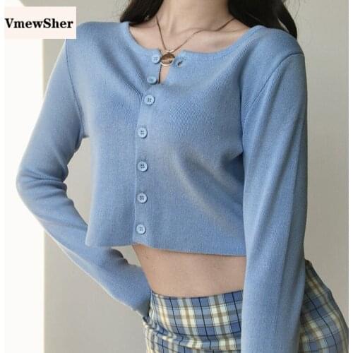 VmewSher New Sweet O-neck Short Knitted Sweaters Women Thin Cardigan Fashion Sun Protection Crop Top Long Sleeve Solid Outwear