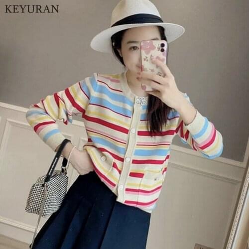 Rainbow Striped Knit Cardigan Women 2021 New Autumn O-neck Pocket Long Sleeve Single Breasted Casual Cardigans Sweater Jacket