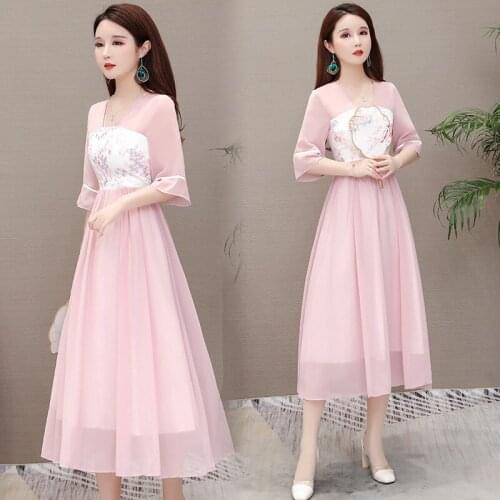 Summer Hanfu ethnic clothing Asia elegant dress womens half-sleeve fairy costume Korea style sexy shiffon loose gown