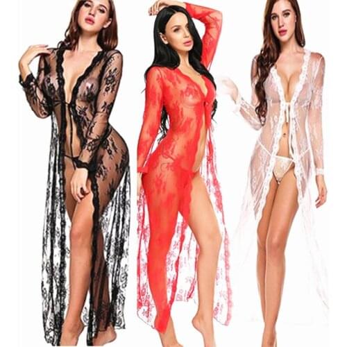 Women Long Sleeve Lace Dress Fashion Solid Sexy Perspective Pajamas Robe Sleepwear Underwear Lingerie Satin Silk Belt Slim