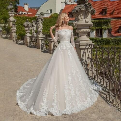 Off the Shoulder 3/4 Sleeves Lace Applique with Belt Wedding Gowns Ball Gowns vestido de novia encaje Bridal Dress
