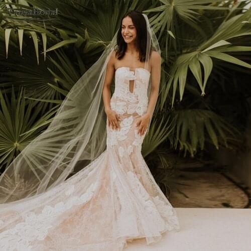 Fashion Nude Lining Lace Wedding Dresses Unique Mermaid Bridal Gowns V-Neck Elegant Vestido De Noivas Chic DW431