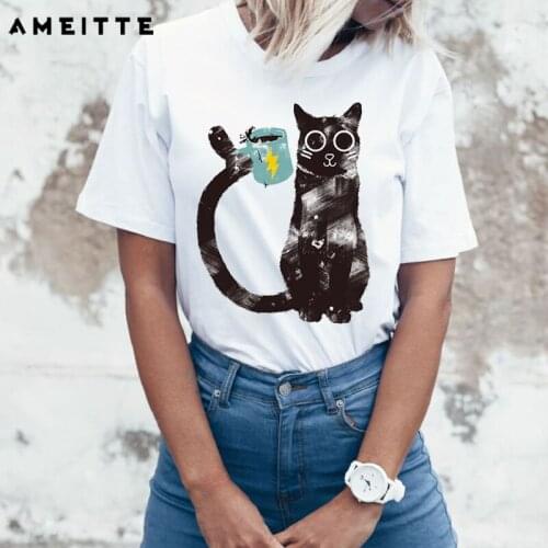 AMEITTE Summer Tops Cute Cat Drink Coffee T Shirts Women O-Neck Print Fashion All-match Female White Tee Shirt
