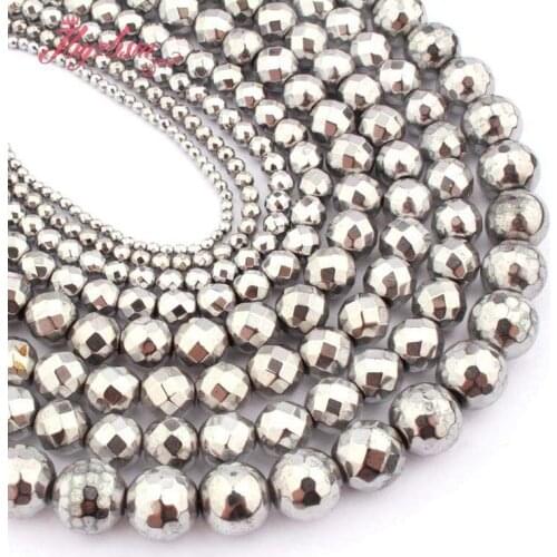 Hematite Beads Round Faceted Silver Hematite Natural Stone 4.6.8.10mm for DIY Accessories Necklace Bracelets Jewelry Making 15"