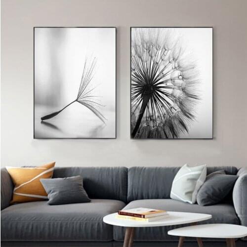 Black and White Poster Dandelion Flower Canvas Painting Wall Art Pictures for Living Room Modern Home Decoration Frameless