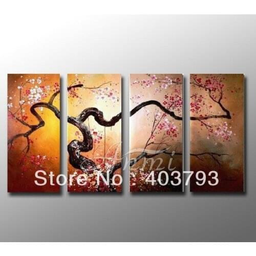 Huge wall art oil painting on canvas 4panels COLORFUL PLUM FLOWER decoration butterfly flower free shipping
