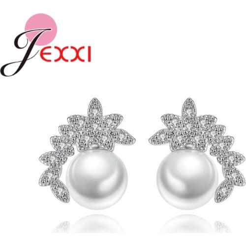 Classic Women Charm Jewelry Bijoux Best Quality Ladies 925 Sterling Silver Leaves Stud Earring Round Pearl Free Shipping