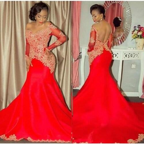 Plus Size Red Evening Dresses With Gold Lace Appliques Satin 2020 Mermaid Prom Dress African Arabic Formal Gowns Party Wear