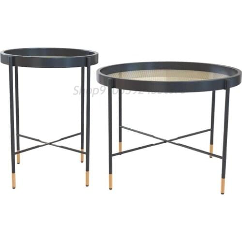 Nordic Round Coffee Table Combination Japanese-style Small Apartment Simple Glass Sofa Side Table Rattan Solid Wood Small Round