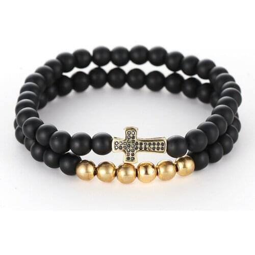 Fashion Charm Gold Copper Micro Set Cross Color Zircon 6mm Black Abrasive Fashion Bead Bracelet for Men Accessories Jewelry