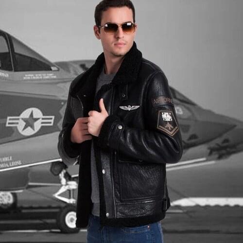 Mens Flying Jacket Original Ecology Sheep Fur Leather Thicked Lapel Fur Coat Sheepskin Reinforced Flight Suit Motorcycle Jacket