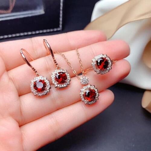 Natural real red garnet jewelry set 1pc ring 1pc pendant 1pair stud earring 925 sterling silver Fine jewelry