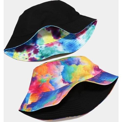 Men Women Rainbow Tie-Dye Graffiti 3D Printed Bucket Hat Double-Sided Reversible Harajuku Hip Hop Outdoor Sunscreen Panama