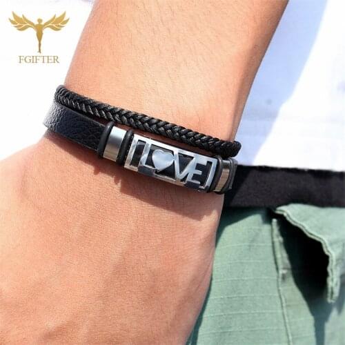 Romantic LOVE Bracelets for Couple Women Men Leather Bracelet Multi-layer Weave Leather Stainless Steel Cuff Bangle Jewelry