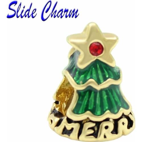 Jewelry DIY European Christmas beads, green enamel golden Christmas tree inlaid red crystal charm Fit Pandora Bracelet Necklace