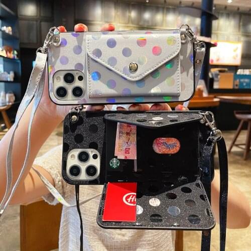 Wave Point Wallet Lanyard Holder Phone Case For Samsung Galaxy S20 FE S21 Note 20 10 Plus Ultra A7 A8 A9 2018 Necklace Strap Bag