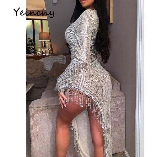 Yeinchy women sexy deep v neck long sleeve party dress sequin bodycon tassel dress FM6034