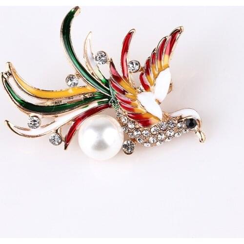 Phoenix Bird Enamel Bird Brooch Female Alloy Bird Pearl Buckle Pin Fashion Temperament Leisure Brooch Pin Gift