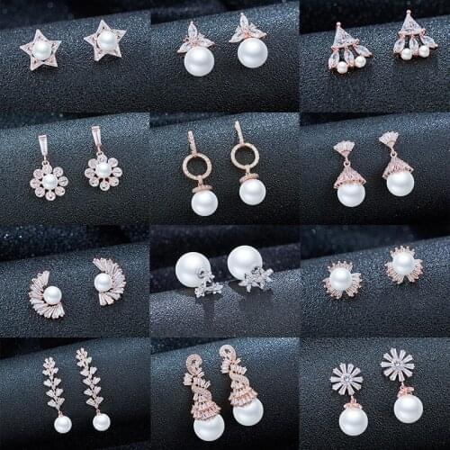 QCOOLJLY Woman Pearl Stud Earrings Korean Cute Crystal Zirconia Stars Floral Earrings Wedding Party Jewelry Oorbellen Knopjes