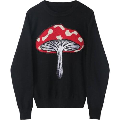 High Quality Black Sweater Women Fall Winter Warm Thick Mushroom Beading O-Neck Long Sleeve Loose Harajuku Knitted Jumper Femmes