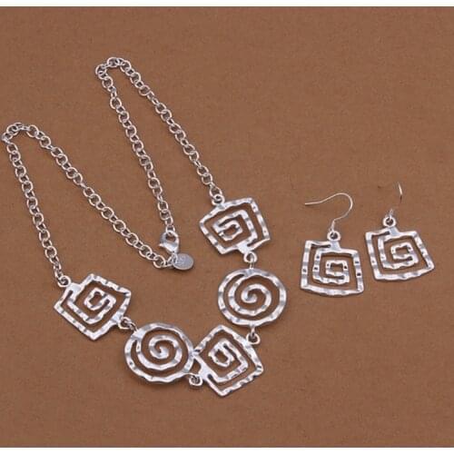 Cute lady retro European style square threaded necklace charms Earrings fashion women Silver color jewelry sets S428