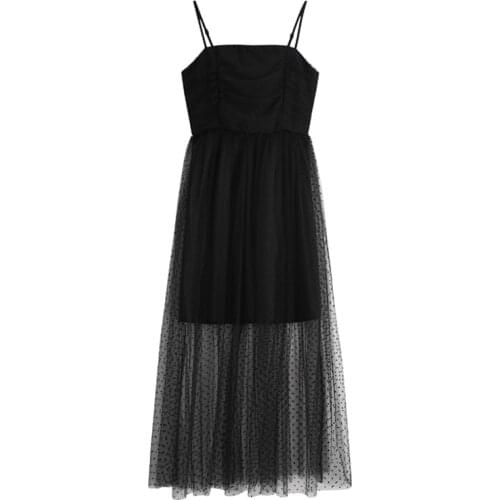 PERHAPS U Mesh Sleeveless Solid Black Women Maxi Dress Slash Neck Fit And Flare D1648