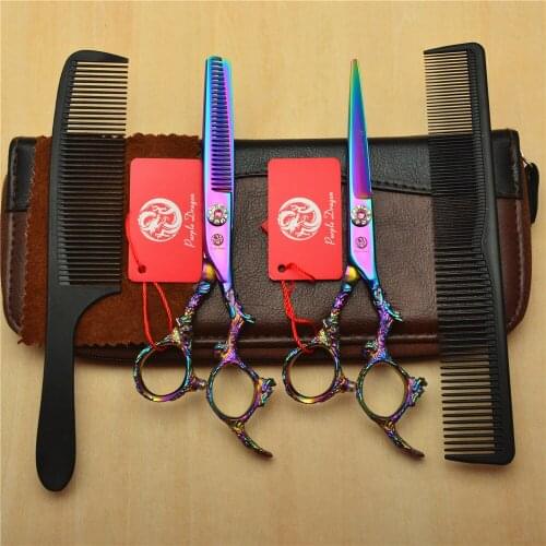 4Pcs Suit 6'' Purple Professional Human Hair Scissors Hairdressing Shears Combs + Cutting + Thinning Shears Dragon Carving Z9005