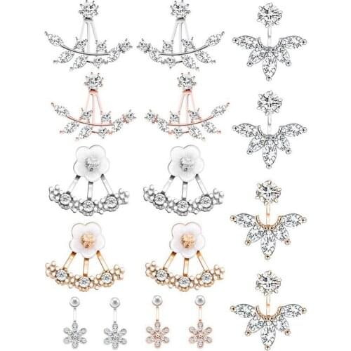 8 Pairs Fashion Silver Leaf Flower Crystal Ear Jacket Front And Back Stud Earrings For Women Girls Set