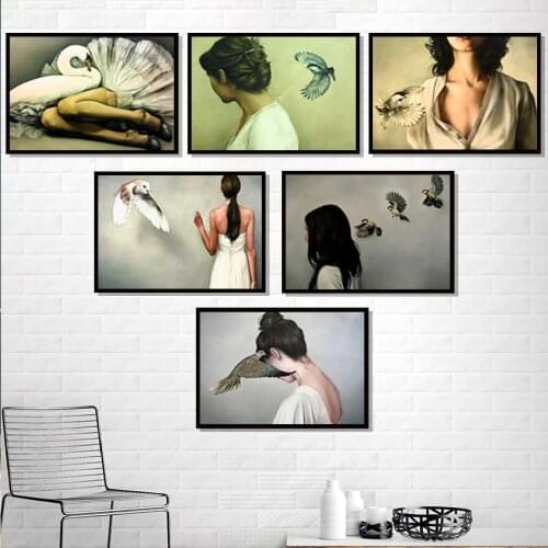 Abstract Flowers Head Nude Woman Canvas Painting Print Lovely Bird Lady Poster Wall Art Picture Decorative Room Home Decoration