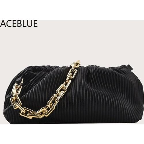 ACEBLUE Fashion Solid Color Underarm Bag for Women Thick Chain Small Bag Female PU Leather Fold Striped Crossbody Cloud Bags