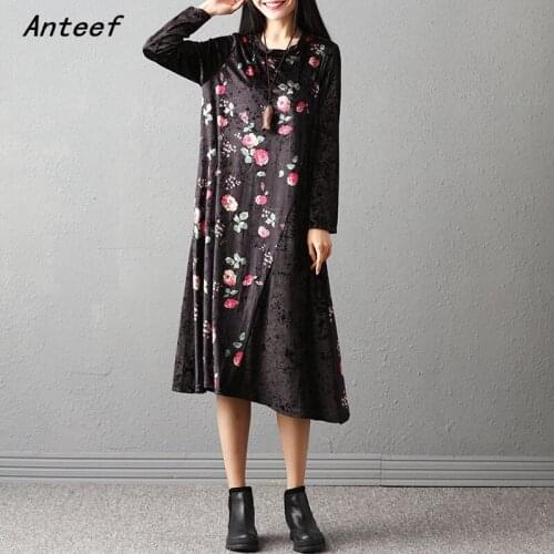 Long sleeve velvet vintage floral dresses for women casual loose autumn winter dress elegant clothes 2021 ladies