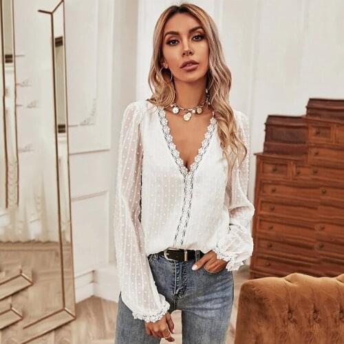 Ardm Elegant Dot Patchwork Lace White Blouses Femme Long Sleeve Vintage Casual Chiffon Shirt Tops Women 2021
