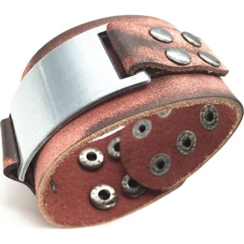 New Arrival Punk Wide Vintage Alloy Charm Cuff Genuine Leather Bracelets & Bangles Men Jewelry Accessories