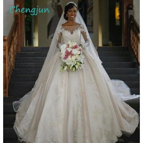 Chengjun Scoop Long Sleeve Ball Gown Lace Royal Train African Wedding Gowns