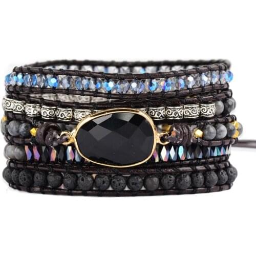 Black Agates Bracelets For Women Handmade Faceted Agates 5 Strands Wrap Bracelets Natural Gems Beaded Genuine Leather Bracelet