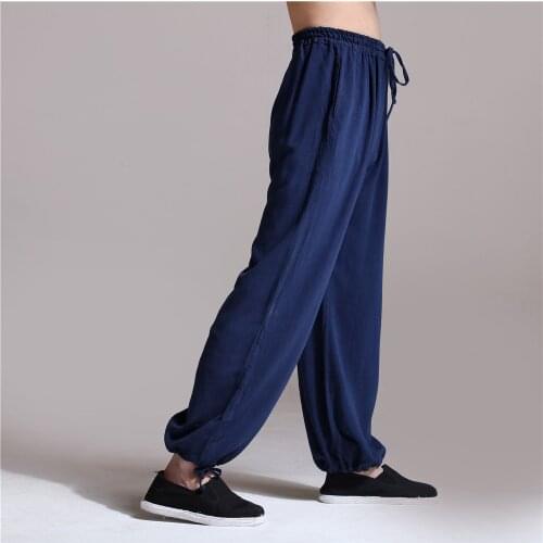 Men Tai Chi Yoga Pant Linen Chinese Traditional Wide Leg Loose Bloomers Sweatpant Casual Jogger Workout Kungfu Martial Arts Pant