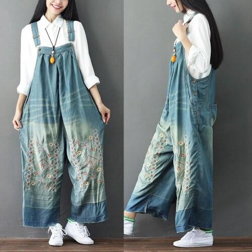 Womens Plus Size Jeans Vintage Embroidery Women Jumpsuits Loose Wide Leg Overalls Suspenders Playsuits Bib Pants For Women