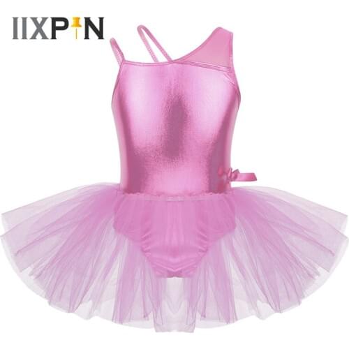 IIXPIN Girls Gymnastics Leotards Glitter Camisole Dress Glossy One Shoulder with Mesh Splice Bowknot Ballet Dancing Tutu Dress