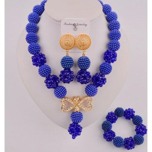Royal Blue African Jewelry Set Ball Beaded Necklace Bridal Set Nigerian Wedding Party Jewelry