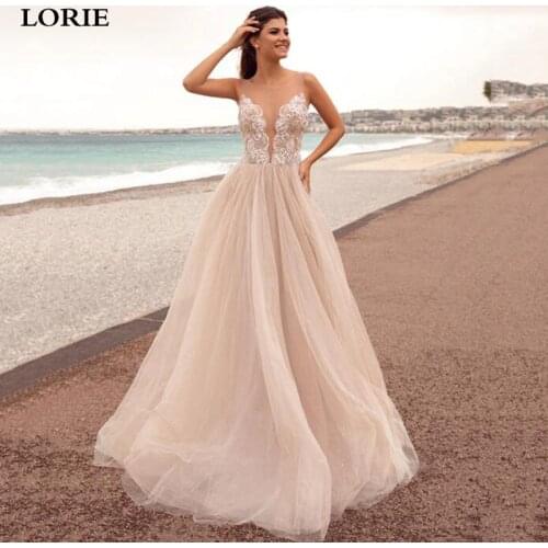 LORIE Lace Princess Wedding Dresses 2021 A Line Puff Tulle Bride Dress Illusion Back Appliques Wedding Gowns Vestido Novia