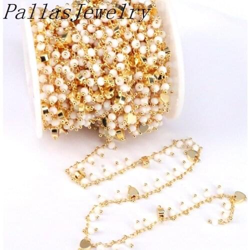 5 Meters Brass White Glass Beads Heart Beads Chains Gold Filled Satellite Chain for DIY Jewelry Making
