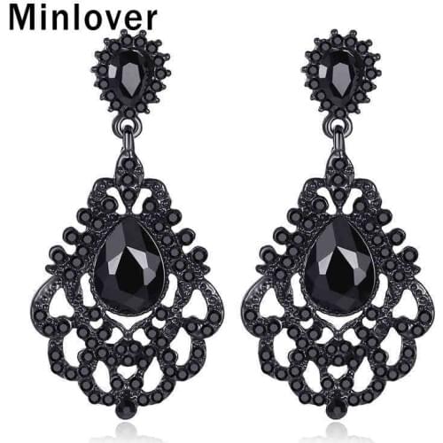 Minlover 2019 New Vintage Black Color Rhinestone Teardrop Long Earrings for Women Crystal Flower Dangle Earring Jewelry MEH1174